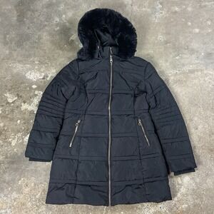 GUESS Quilted Puffer Coat Womens Size Large Black Faux Fur Hood Full Zip Jacket